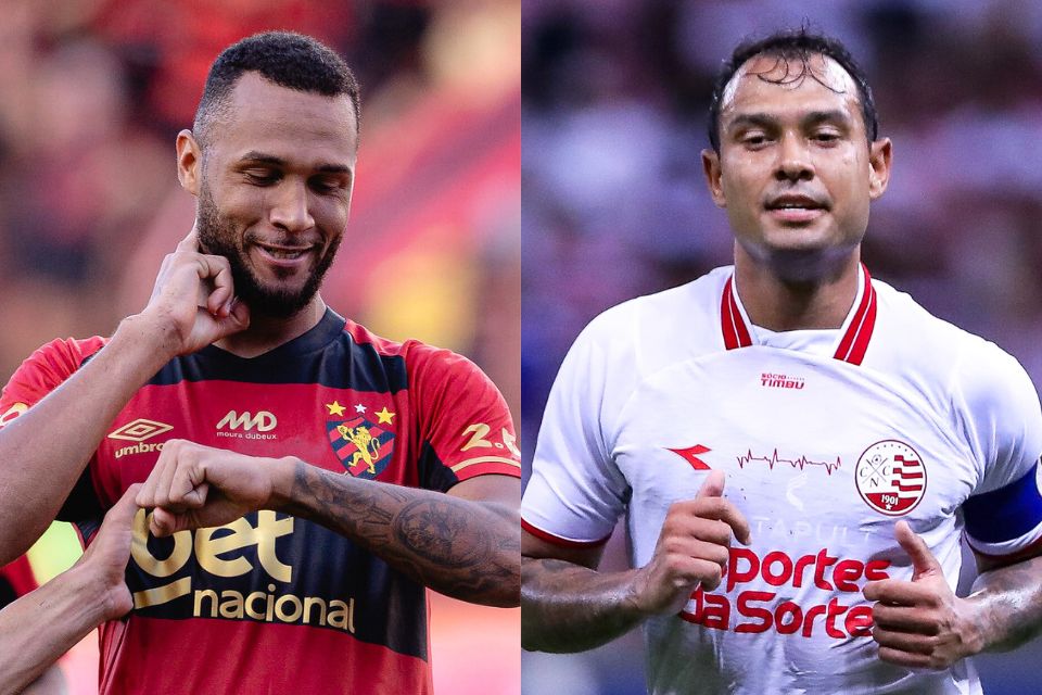 Gustavo Coutinho, centroavante do Sport, e Vinícius, atacante do Náutico/Paulo Paiva/Sport Recife e Rafael Vieira/CNC