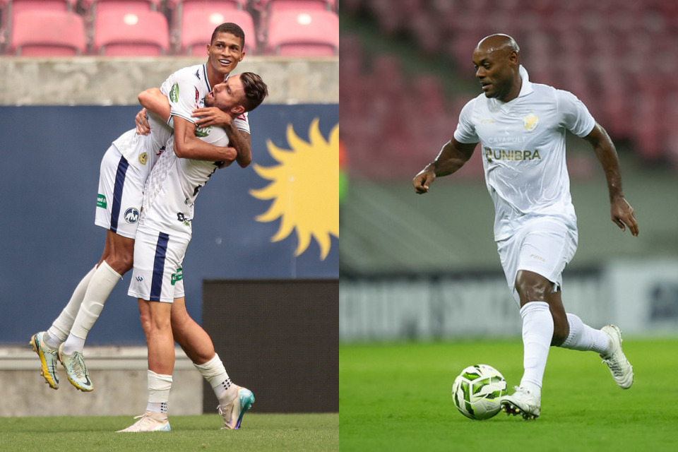 Vinicius Kannu e Maurício Pinto, atacante e zagueiro do Maguary, respectivamente, e Vágner Love, artilheiro do Retrô no Campeonato Pernambucano/Rafael Melo/FPF