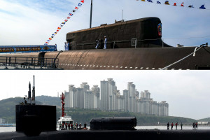 Esta fotografia, divulgada pela ag&ecirc;ncia estatal russa Sputnik, mostra uma cerim&ocirc;nia de hasteamento da bandeira naval a bordo do mais recente submarino nuclear estrat&eacute;gico do Projeto 955A (Borey-A), Knyaz Pozharsky, em Severodvinsk, no dia 24 de julho de 2025.