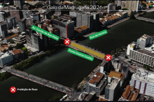 Mapa mostra interdi&ccedil;&otilde;es de pontes do centro do recife para o Carnaval 2026, segundo a CTTU