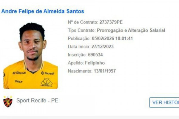 Reprodução/CBF (Felipinho teve renovação com o Sport registrada no BID)