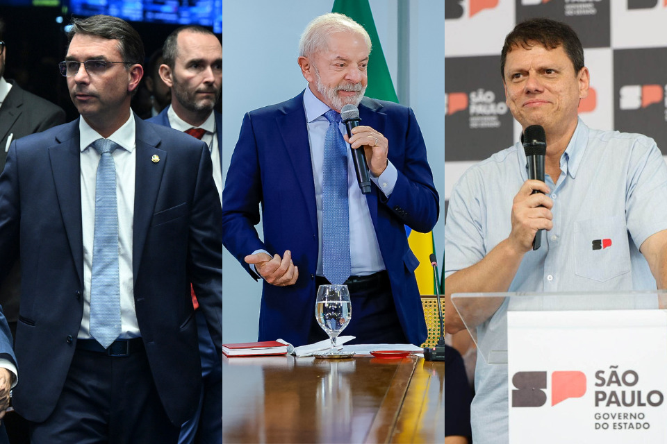 Pesquisa Datafolha projeta disputa eleitoral entre Flávio Bolsonaro, Lula e Tarcísio de Freitas em Pernambuco nas eleições de 2026/Fotos: Carlos Moura/Agência Senado, Ricardo Stuckert / PR e JOAO VALERIO / GOVERNO DE SP