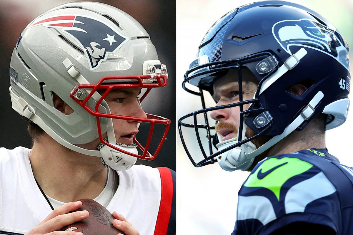 Drake Maye, quarterback do New England Patriots, e Sam Darnold, quarterback do Seattle Seahawks/EVAN BERNSTEIN / GETTY IMAGES NORTH AMERICA / AFP