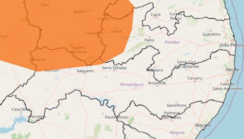 INMET emite alerta de Perigo para chuvas intensas no Sertão de Pernambuco durante o Carnaval/Foto: Reprodução INMET