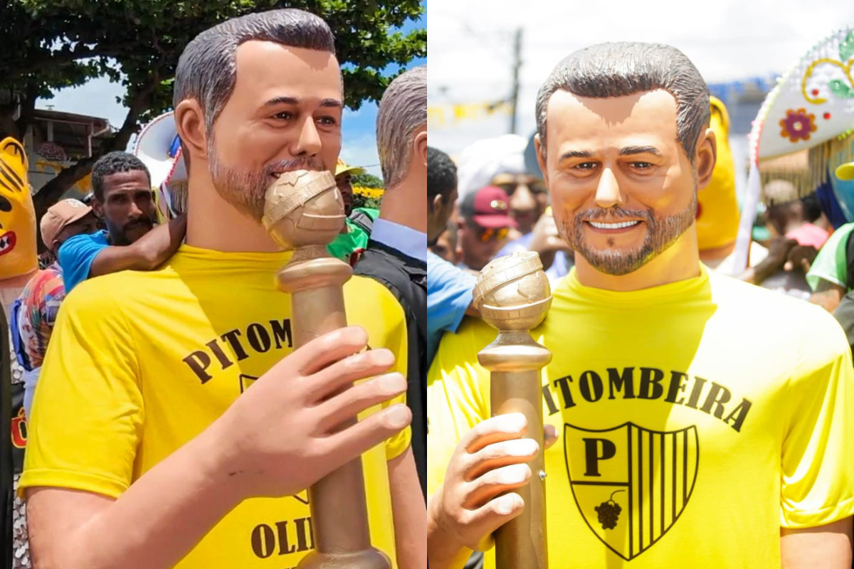 O boneco gigante de Wagner Moura, segurando o Globo de Ouro e usando a camisa da Pitombeira/Foto: Wanderson Oliveira/DP Foto
