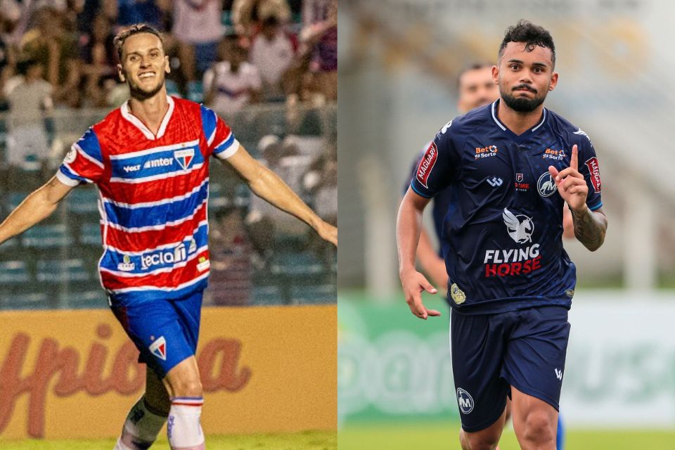 Pochettino, meio-campista do Fortaleza, e Júlio César, meia-atacante do Maguary/Mateus Lotif/Fortaleza e Rafael Melo/FPF