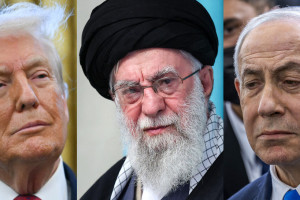 Presidente dos EUA, Donald Trump, observando do Sal&atilde;o Oval em Washington, D.C., em 15 de dezembro de 2025; uma foto divulgada pelo gabinete do L&iacute;der Supremo do Ir&atilde;, Aiatol&aacute; Ali Khamenei, durante uma reuni&atilde;o religiosa em Teer&atilde;, em 19 de fevereiro de 2026; e o primeiro-ministro de Israel, Benjamin Netanyahu