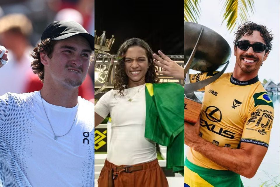 João Fonseca, Rayssa Leal e Yago Dora/AFP, Pablo Vaz/SLS e Cait Miers/WSL