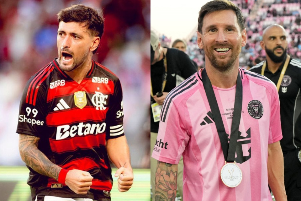 Arrascaeta, meia do Flamengo e Lionel Messi, atacante o Inter Miami/Adriano Fontes/ Flamengo e  Elsa/ Getty Images via AFP
