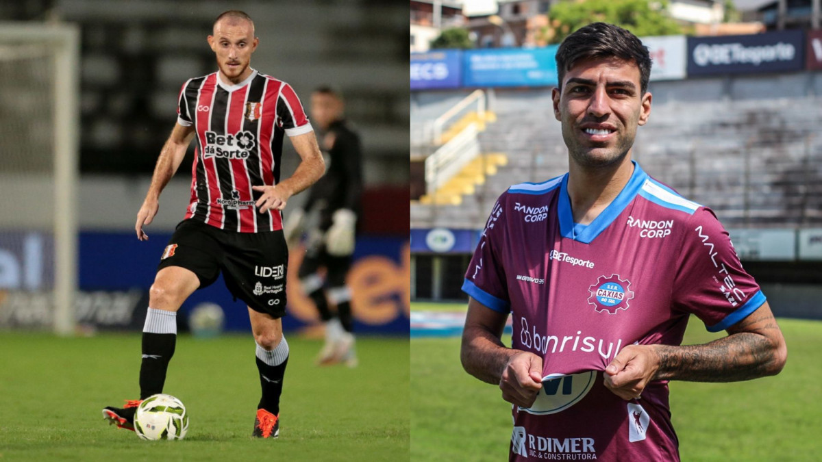 Ianson, zagueiro do Santa Cruz, e Thiago Ennes, do Caxias/Rafael Melo/FPF e Vitor Soccol/S.E.R. Caxias