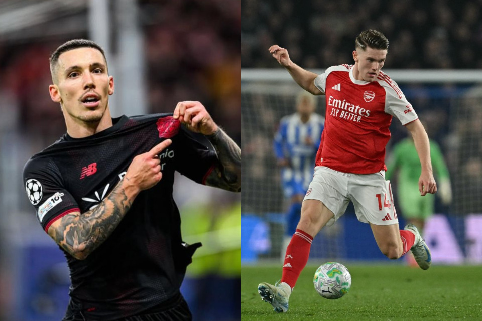 Grimaldo, lateral do Leverkusen, e Gyokeres, atacante do Arsenal   /Divulgação/ Grimaldo e GLYN KIRK / AFP