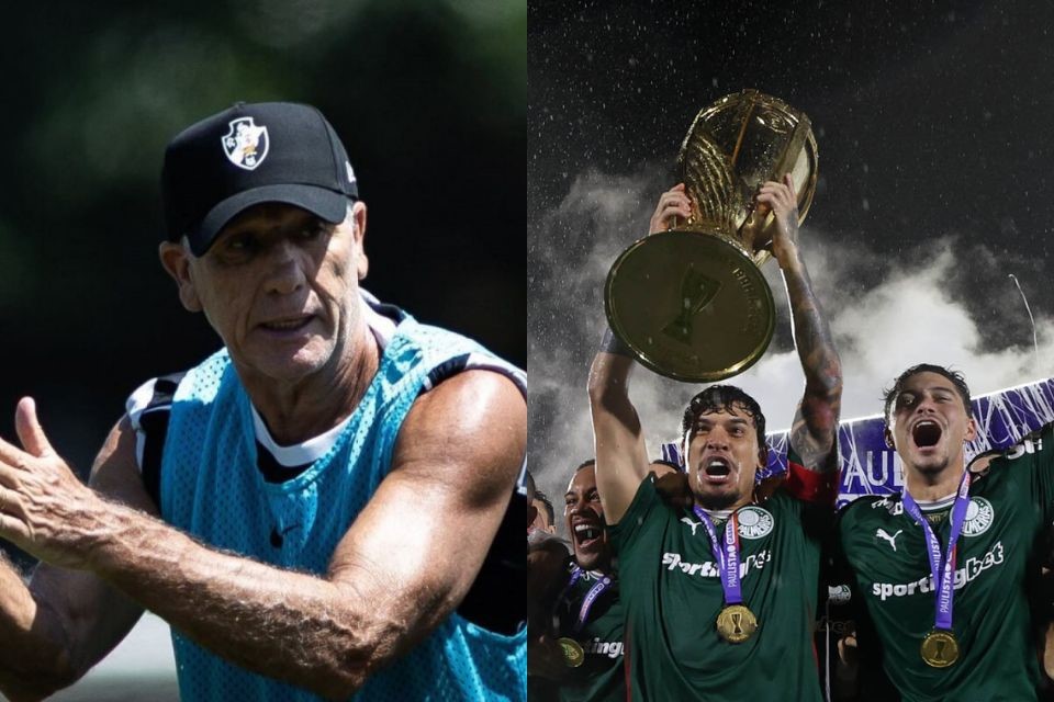 Renato Gaúcho, técnico do Vasco, e elenco do Palmeiras em comemoração de título paulista/Matheus Lima / Vasco e Cesar Greco/Palmeiras/by Canon