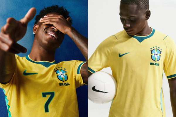 Nova camisa da Seleção Brasileira 2026: Vini Jr posa com a amarela vazada (Foto: Reprodução via Footyheadlines.com)