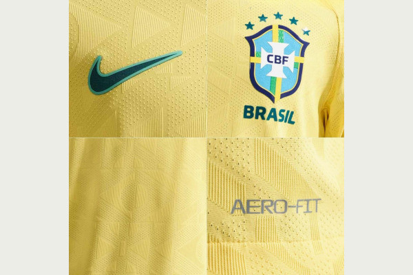 Nova camisa da Seleção Brasileira 2026: Vini Jr posa com a amarela vazada (Foto: Reprodução via Footyheadlines.com)