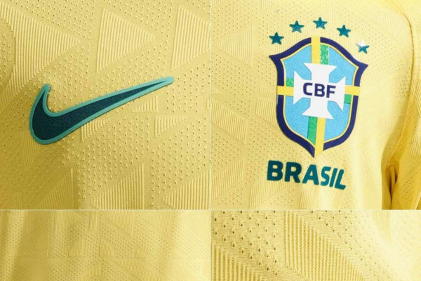 Nova camisa da Seleção Brasileira 2026: Vini Jr posa com a amarela vazada. /Foto: Reprodução via Footyheadlines.com