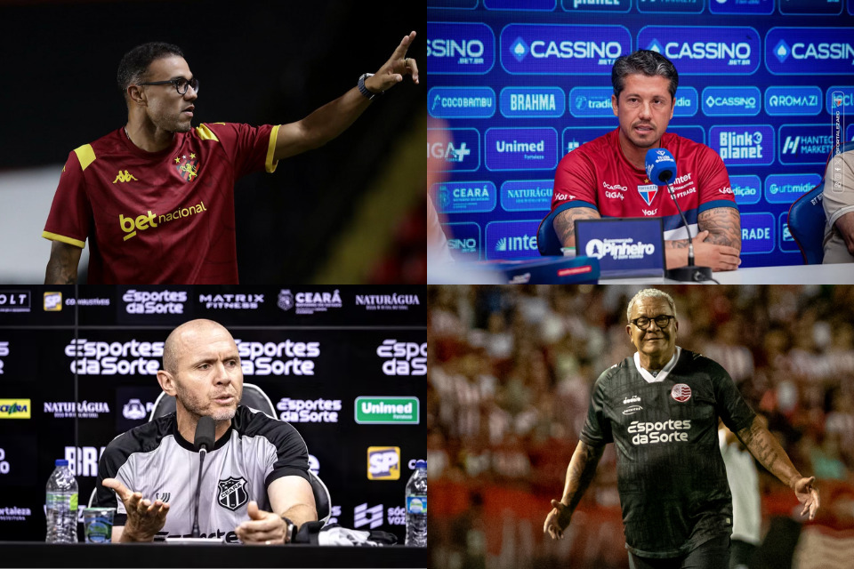 Roger Silva, técnico do Sport; Thiago Carpini, técnico do Fortaleza; Mozart, técnico do Ceará; e Hélio dos Anjos, técnico do Náutico/Rafael Vieira/DP, Divulgação/Fortaleza, Gabriel Silva/Ceará SC e Rafael Vieira/DP