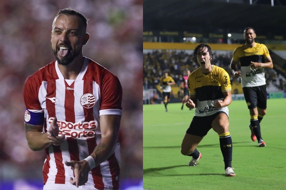 Paulo Sérgio, do Náutico, e jogadores do Criciúma em comemoração de gol/Rafael Vieira/CNC e Celso da Luz/Criciúma E.C.