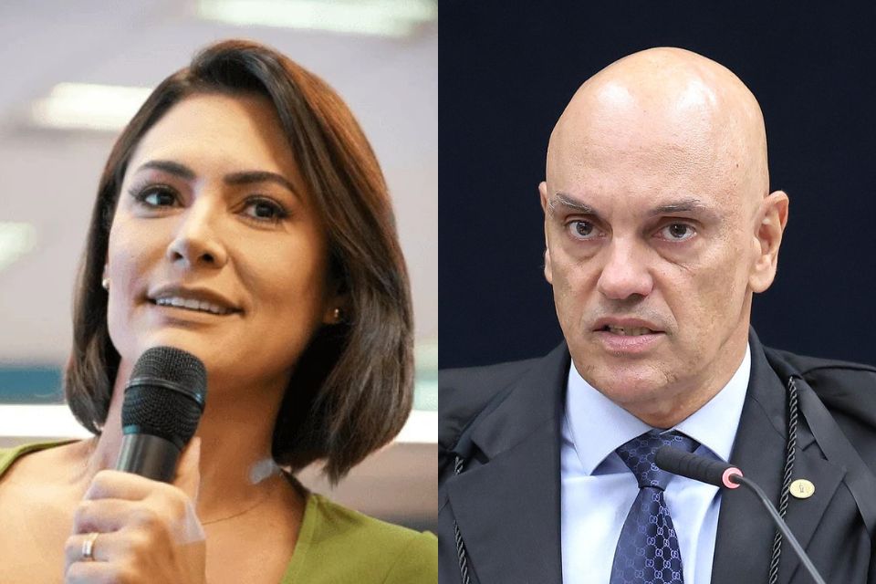 Ex-primeira-dama Michelle Bolsonaro e o Ministro Alexandre de Moraes, do STF/Divulgação/PL Mulher e Luiz Silveira/STF