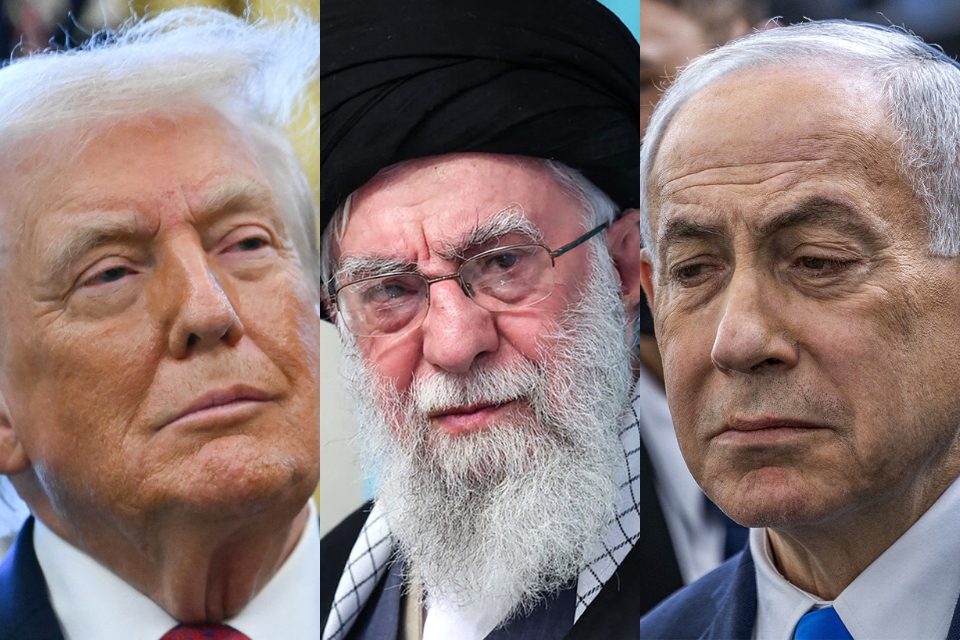 Presidente dos EUA, Donald Trump; Líder Supremo do Irã, Aiatolá Ali Khamenei; e o primeiro-ministro de Israel, Benjamin Netanyahu/AFP