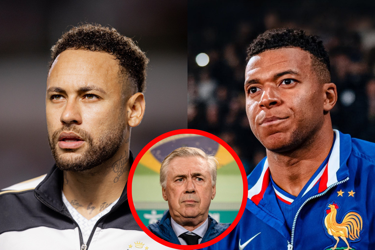 Mbappé defende Neymar na Seleção Brasileira e deixa aviso para Ancelotti. /Fotos: Raul Baretta/Santos FC | Reprodução/equipedefrance via Instagram | ANTHONY WALLACE / AFP 