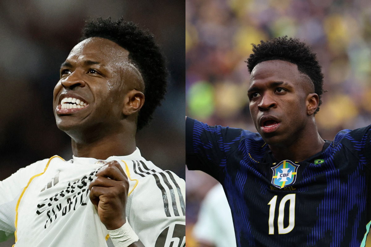 Vini Jr. na Seleção x Real Madrid: estatísticas mostram a queda de rendimento do camisa 10. /Fotos: OSCAR DEL POZO / AFP |  MADDIE MEYER / GETTY IMAGES NORTH AMERICA / GETTY IMAGES VIA AFP