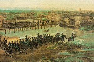 Pintura retrata momento em que o Ex&eacute;rcito Imperial do Brasil, sob o comando do almirante brit&acirc;nico Thomas Cochrane, ataca as for&ccedil;as confederadas em Recife, capital de Pernambuco 