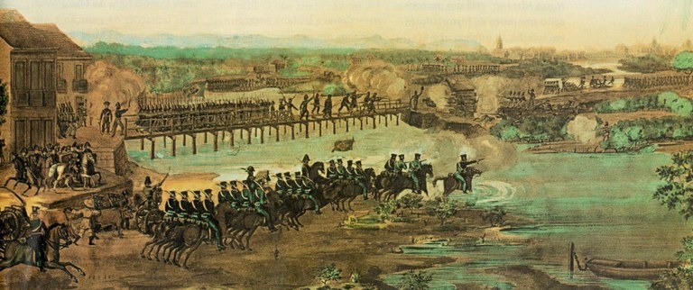 Pintura retrata momento em que o Exército Imperial do Brasil, sob o comando do almirante britânico Thomas Cochrane, ataca as forças confederadas em Recife, capital de Pernambuco /Reprodução/Domínio público