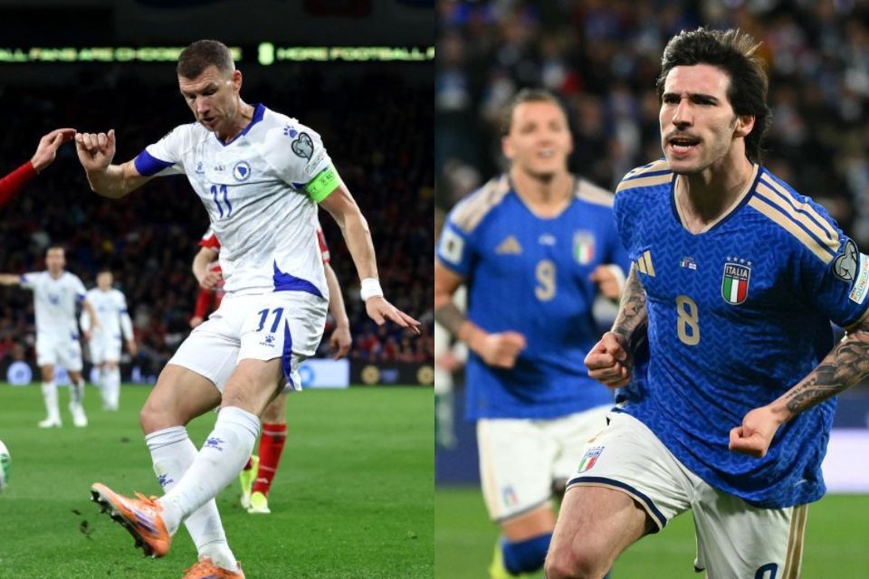 Edin Džeko, capitão da Bósnia, e Sandro Tonali, jogador da Itália/DARREN STAPLES / AFP e Alberto PIZZOLI / AFP