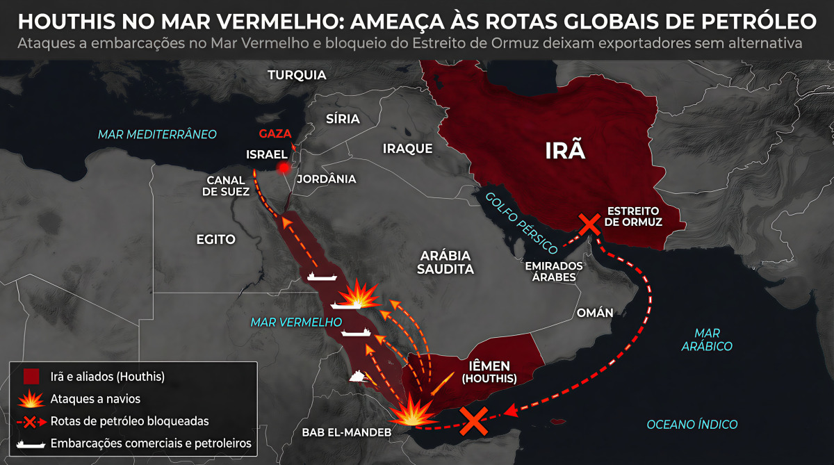 Ataques a embarcações no Mar Vermelho e bloqueio do Estreito de Ormuz deixa exportadores de petróleo sem alternativa  /Imagem Gerada por IA