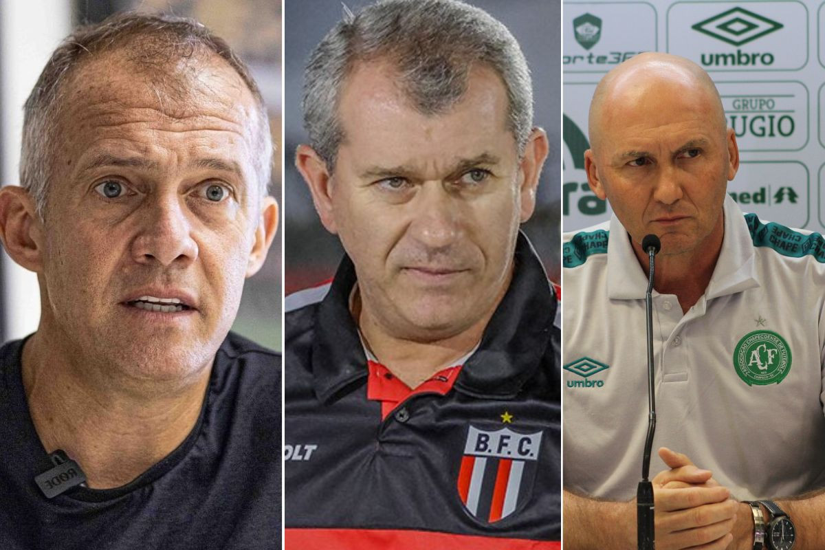 Eduardo Baptista, técnico do Criciúma, Cláudio Tencati, técnico da Botafogo-SP e Dal Pozzo, técnico da Chapecoense/João Vitor Pereira/CEC, Divulgação/Botafogo-SP e Julliana Paulino/ACF