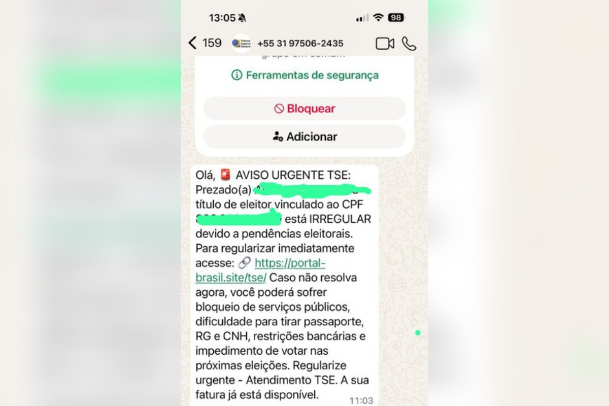 Nem o número do remetente nem o site pertencem à Justiça Eleitoral, afirma o TRE-PE/Foto: Reprodução/TRE-PE