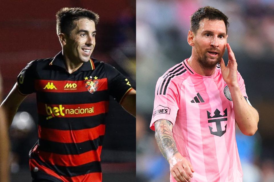 Carlos de Pena, meia-atacante do Sport, e Lionel Messi, astro do Inter Miami/Rafael Vieira/DP Foto e Tomas Diniz Santos/AFP