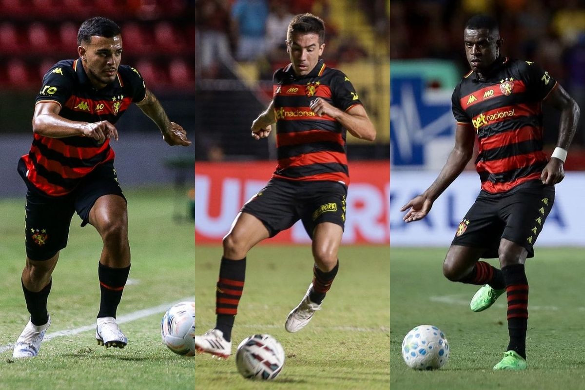 O lateral Augusto Pucci, o zagueiro Marcelo Benevenuto e o meia-atacante Carlos de Pena, jogadores do Sport/Rafael Vieira/DP Foto