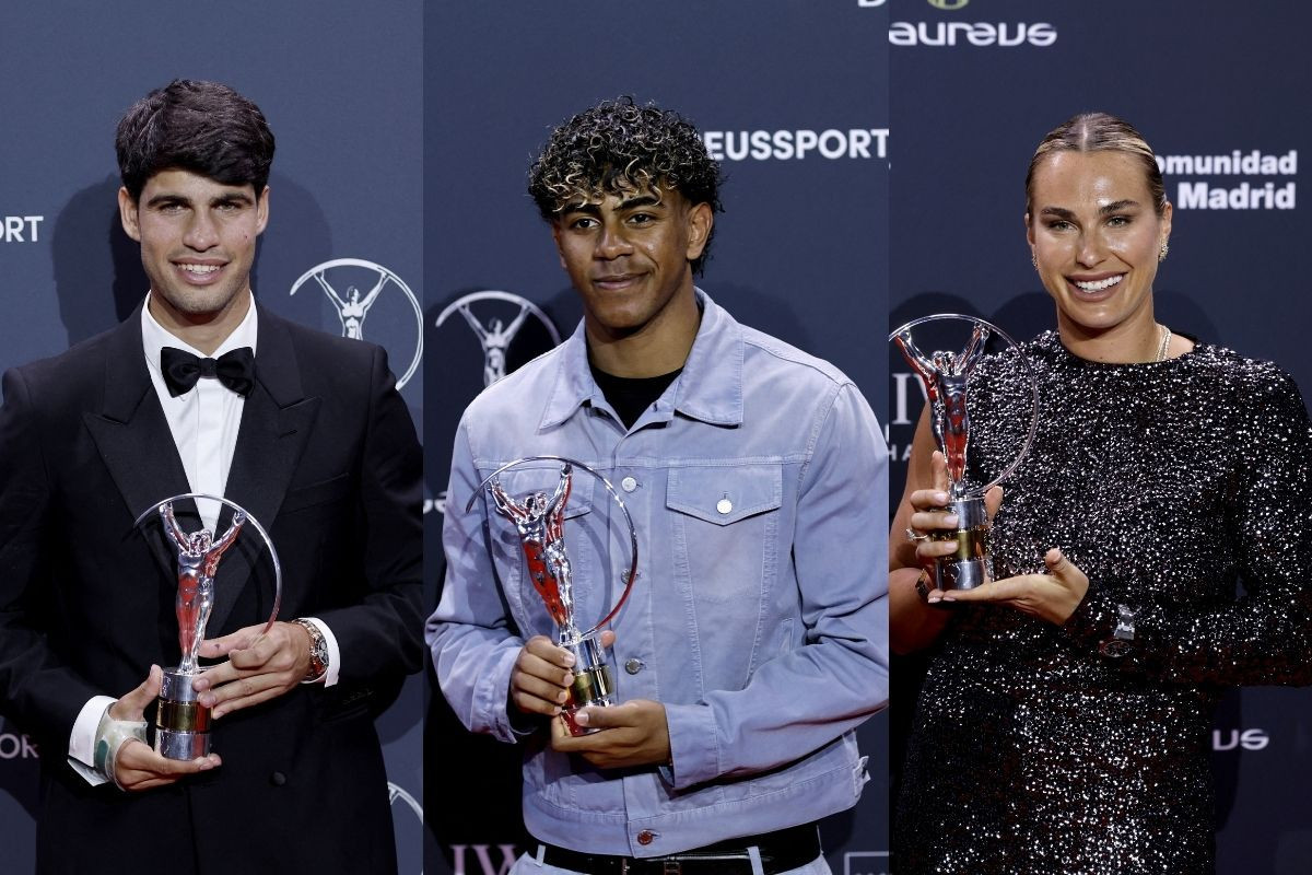 O tenista Carlos Alcaraz, o jogador de futebol Lamine Yamal e a tenista Aryna Sabalenka/OSCAR DEL POZO / AFP