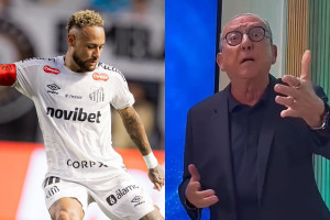Neymar, camisa 10 do Santos, e Galv&atilde;o Bueno, apresentador e narrador no SBT