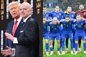 Donald Trump, presidente dos Estados Unidos, Gianni Infantino, presidente da Fifa, e a sele&ccedil;&atilde;o italiana