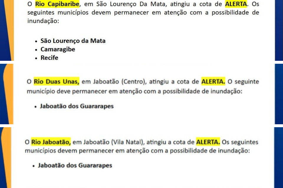 Avisos hidrológicos emitidos pela Apac nesta terça-feira (5) /Apac