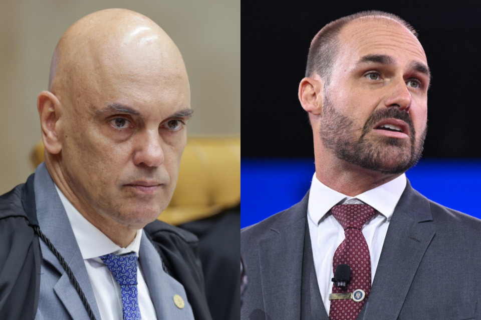 Ministro do STF, Alexandre de Moraes, e ex-deputado Eduardo Bolsonaro/Fotos: Rosinei Coutinho/STF e AFP