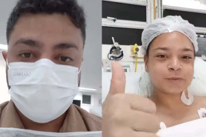 M&eacute;dico Mike Andrade e a v&iacute;tima de ataque de tubar&atilde;o Marcela Santos