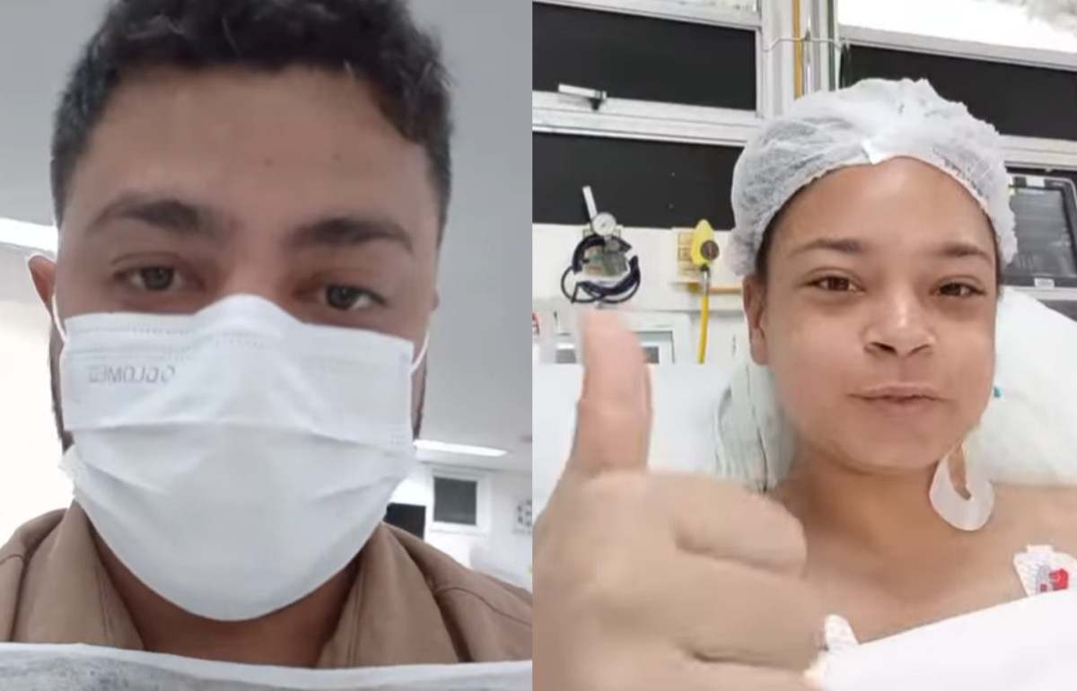 Médico Mike Andrade e a vítima de ataque de tubarão Marcela Santos/Reprodução de vídeo