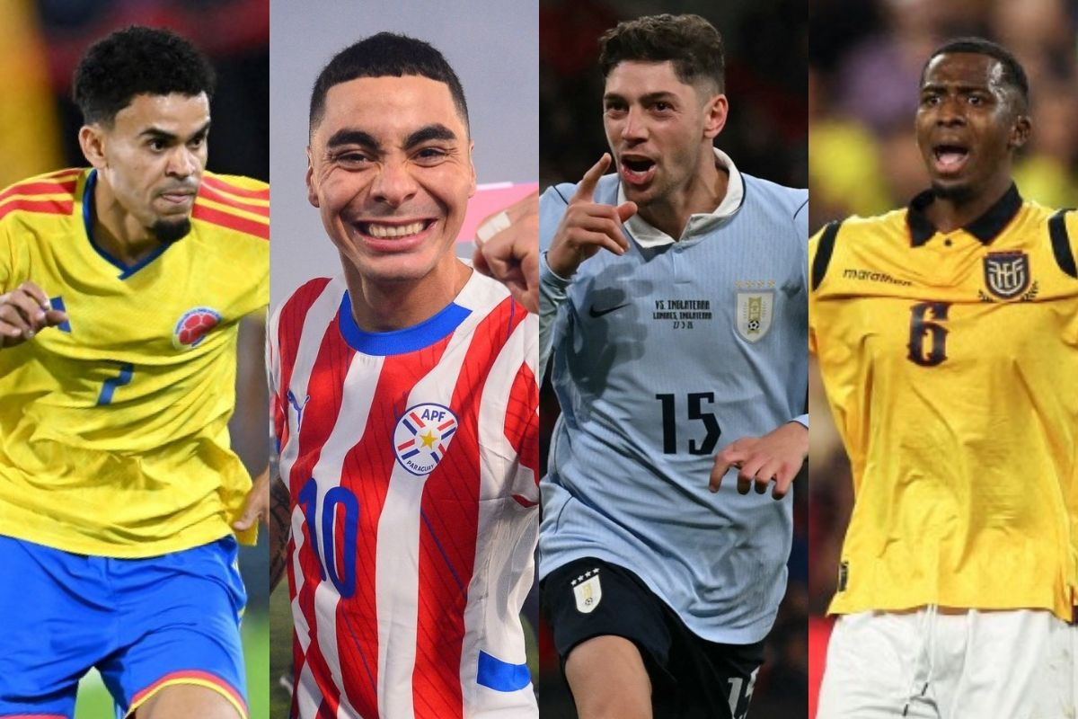 Luis Díaz (Colômbia), Miguel Almirón (Paraguai), Fede Valverde (Uruguai) e William Pacho (Equador)/GLYN KIRK / AFP, DANIEL DUARTE / AFP, RAUL ARBOLEDA / AFP e OMAR VEGA / AFP