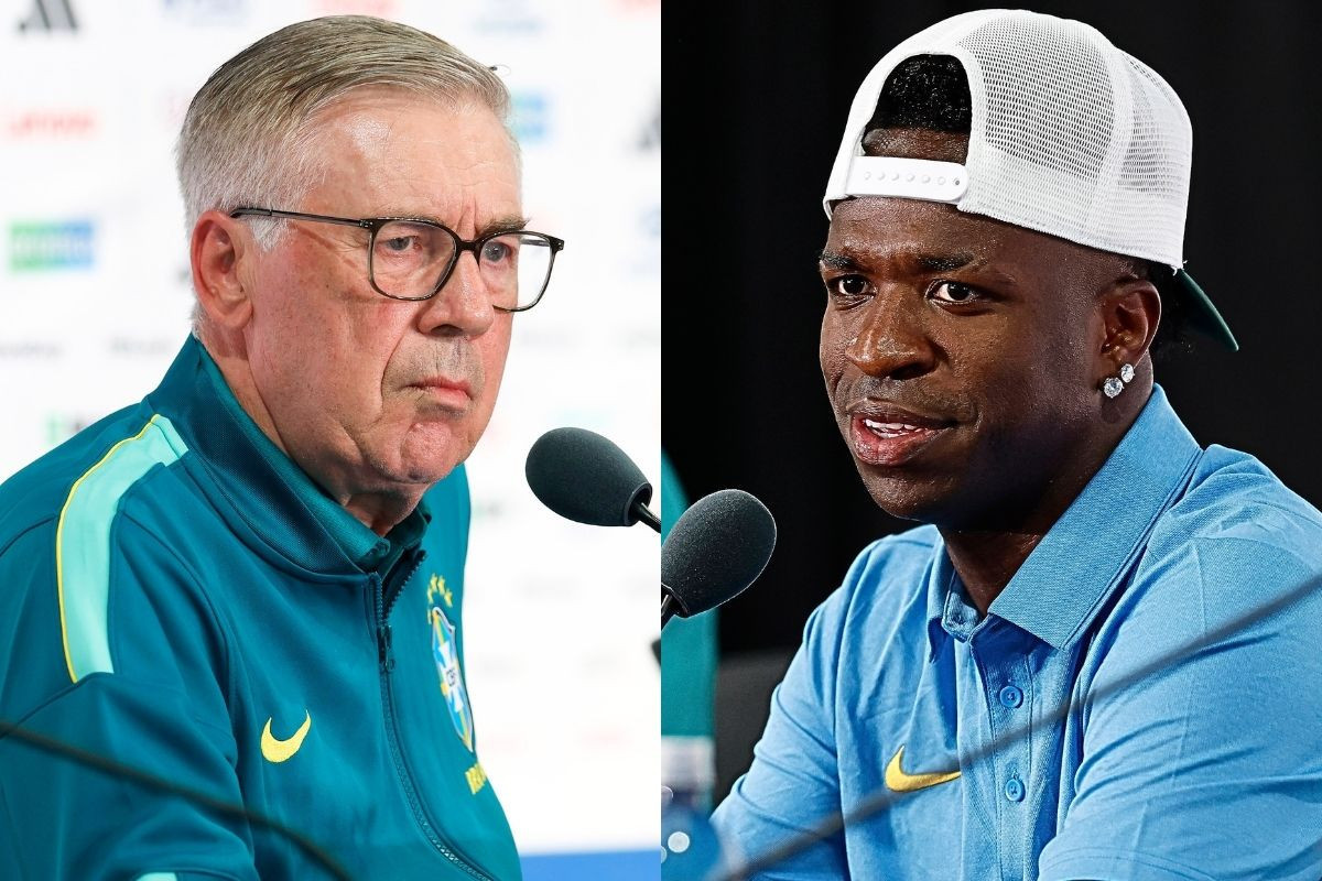 O técnico Carlo Ancelotti e o atacante Vini Jr. em coletiva de imprensa da Seleção Brasileira/Rafael Ribeiro/CBF