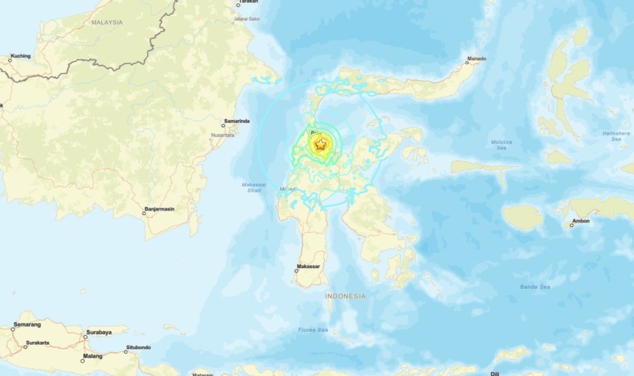 O Serviço Geológico dos Estados Unidos (USGS) informou que o epicentro do terremoto foi registrado a 43 quilômetros a leste de Palu/Reprodução/USGS