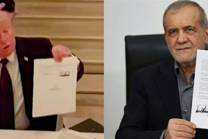  O presidente dos EUA, Donald Trump, durante a assinatura de um acordo com o Ir&atilde; para encerrar a guerra no Oriente M&eacute;dio, e o presidente iraniano, Masoud Pezeshkian, segurando um documento que mostra um memorando de entendimento que ele assinou para encerrar a guerra no Oriente M&eacute;dio