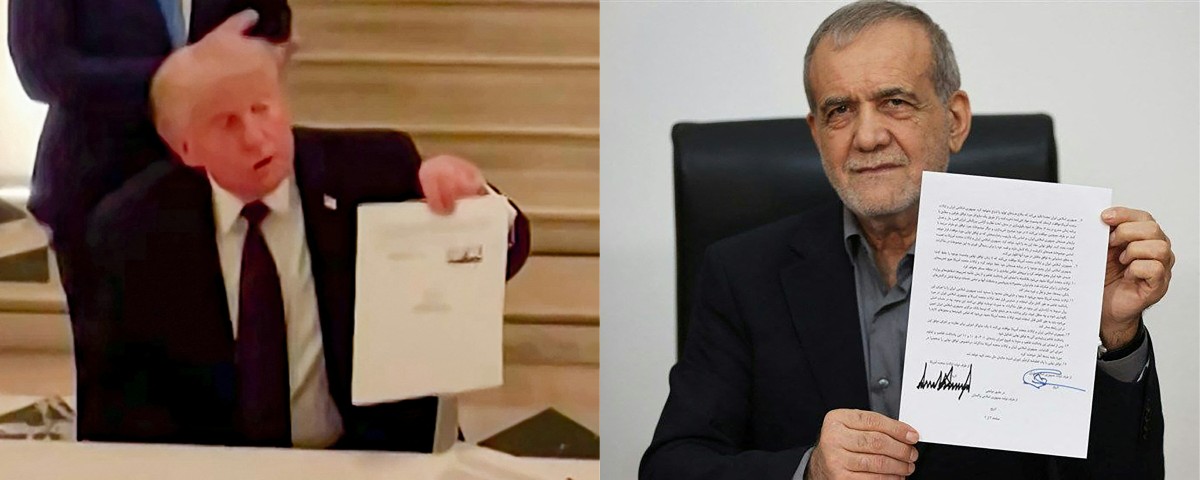  O presidente dos EUA, Donald Trump, durante a assinatura de um acordo com o Irã para encerrar a guerra no Oriente Médio, e o presidente iraniano, Masoud Pezeshkian, segurando um documento que mostra um memorando de entendimento que ele assinou para encerrar a guerra no Oriente Médio/VARIOUS SOURCES/AFP