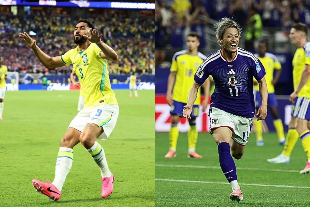 Matheus Cunha, atacante do Brasil, e Daizen Maeda, atacante do Japão/Patricia de Melo Moreira/AFP e Aric Becker/AFP