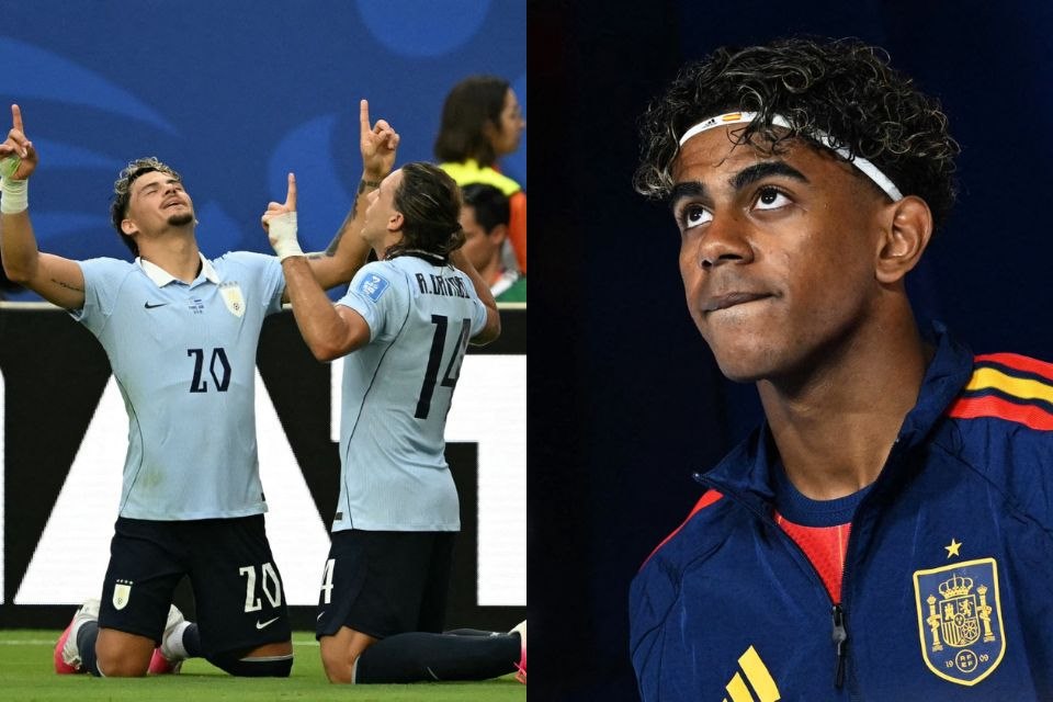 Jogadores do Uruguai e Lamine Yamal, da Espanha, durante a Copa do Mundo/ROBERTO SCHMIDT / AFP e CHANDAN KHANNA / AFP