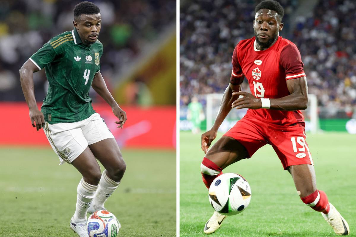 Teboho Mokoena, meio-campista da África do Sul, e Alphonso Davies, lateral-esquerdo do Canadá/GIANLUIGI GUERCIA / AFP