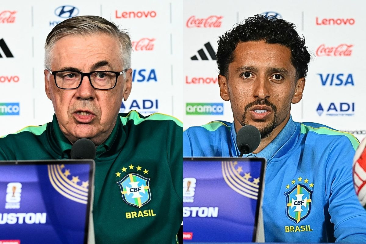 O técnico Carlo Ancelotti e o zagueiro Marquinhos em coletiva da seleção brasileira/RONALDO SCHEMIDT / AFP