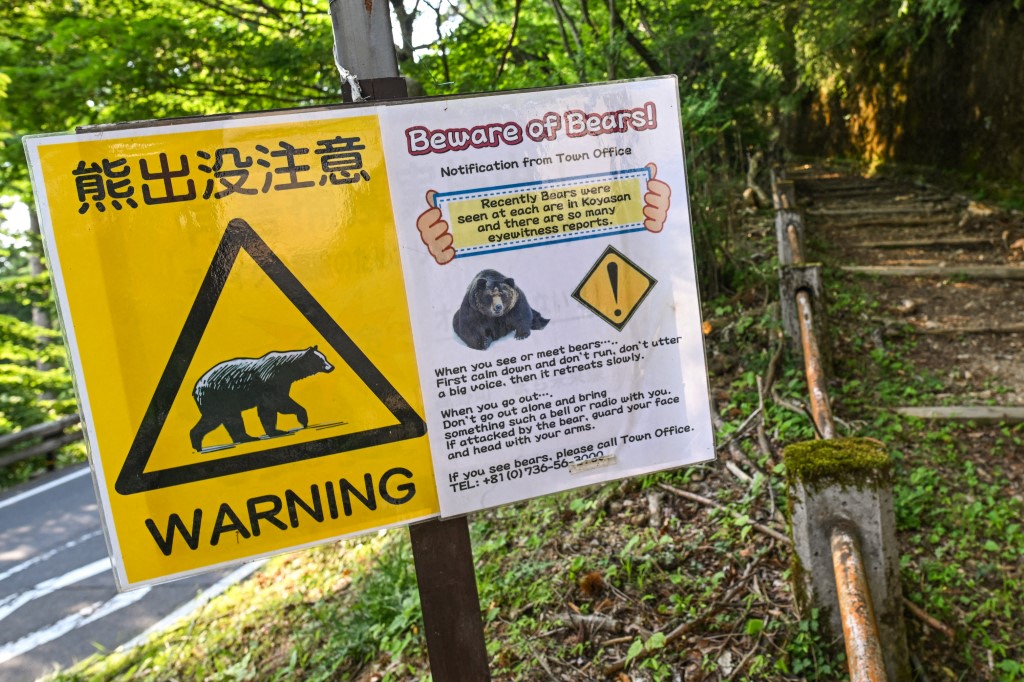  Em algumas áreas do país existem placas de advertência em inglês e japonês alertando os caminhantes sobre a atividade de ursos/ NurPhoto via AFP